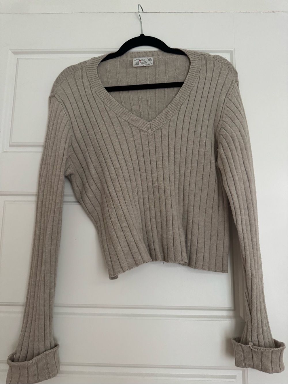 Poof! Ribbed V-Neck Cropped Sweater - Taupe